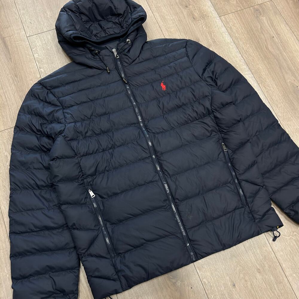 Polo Ralph Lauren Hooded Packable Full Zip Puffer Down Jacket Navy size Small S - Picture 2 of 8